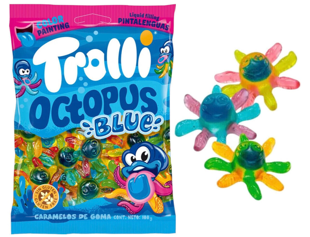 Octopus bleu tache langue Trolli 100g   € 1,20
