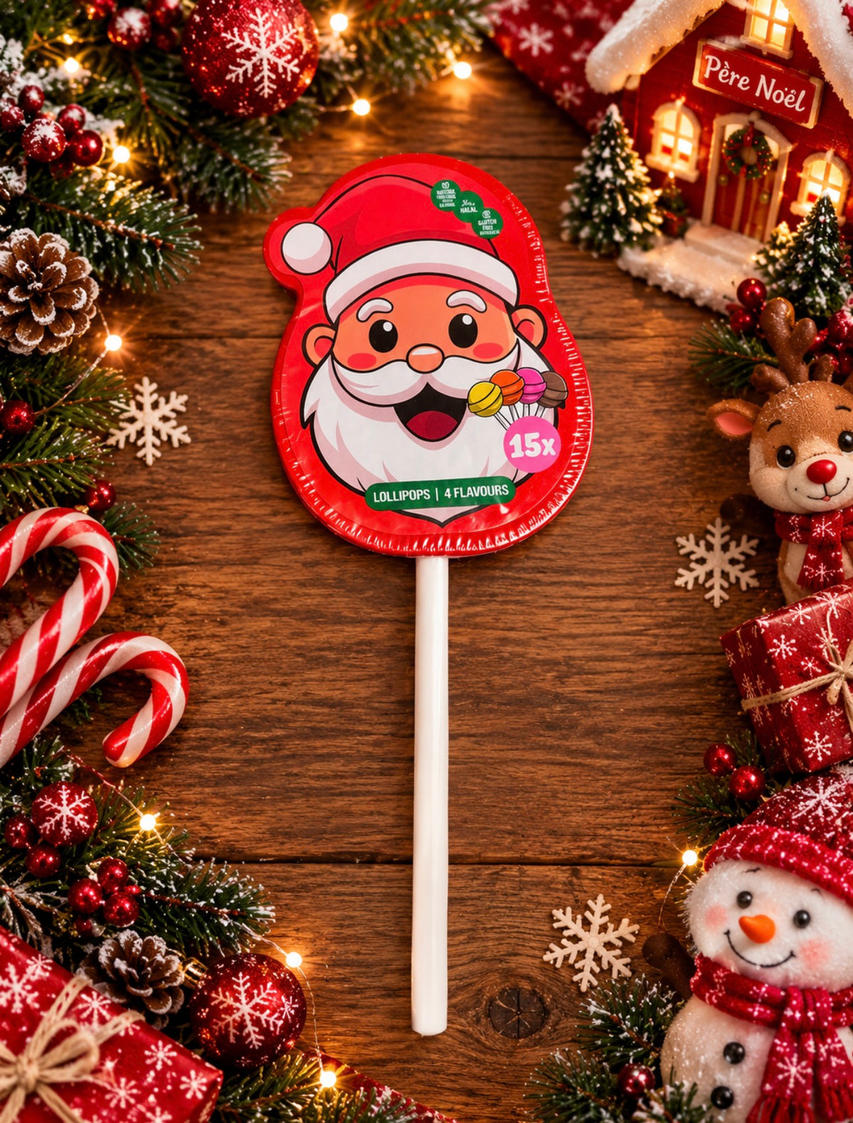 Figurine Père Noël contenant 15 sucettes Lollipops 4 saveurs 1u € 8,95