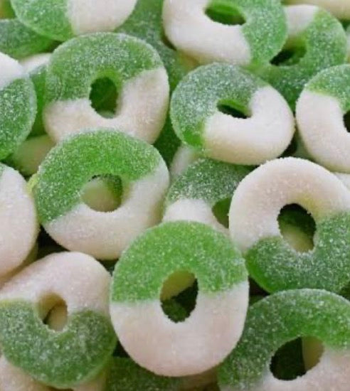 Anneaux pommes acide bicolore 100g € 1,40