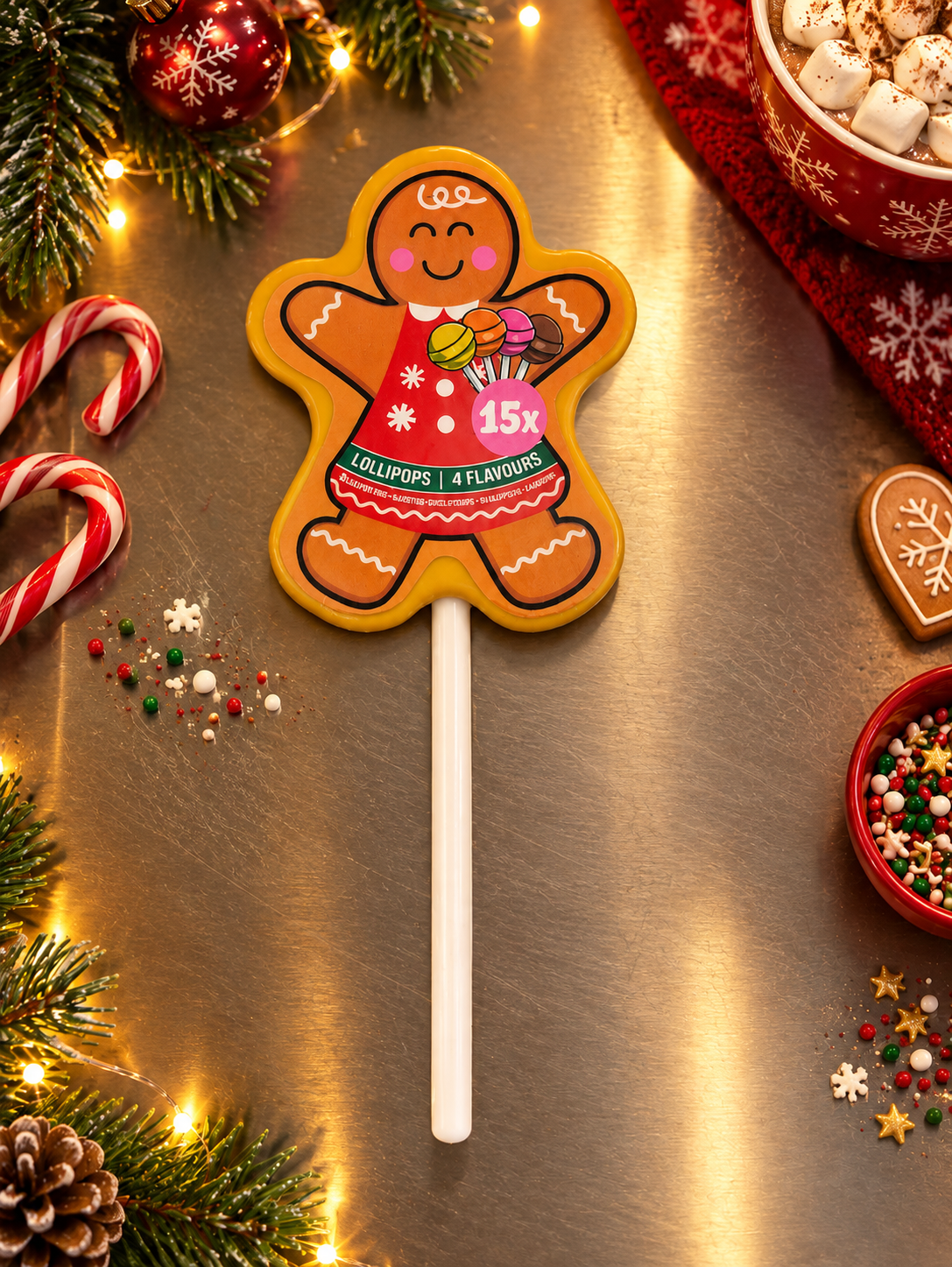 Figurine Pain D’épices Noël  contenant 15 sucettes Lollipops 4 saveurs 1u € 8,95