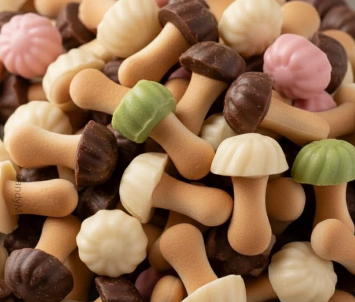 Champignon mix découverte 300g € 8,40 chocolat lait caramel/noir/blanc/   banane/fraise/pistache